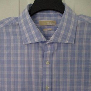 Michael Kors Mens L/S Powder Blue Plaid Cotton Dress Shirt-Size 17.5/34-35 or XL